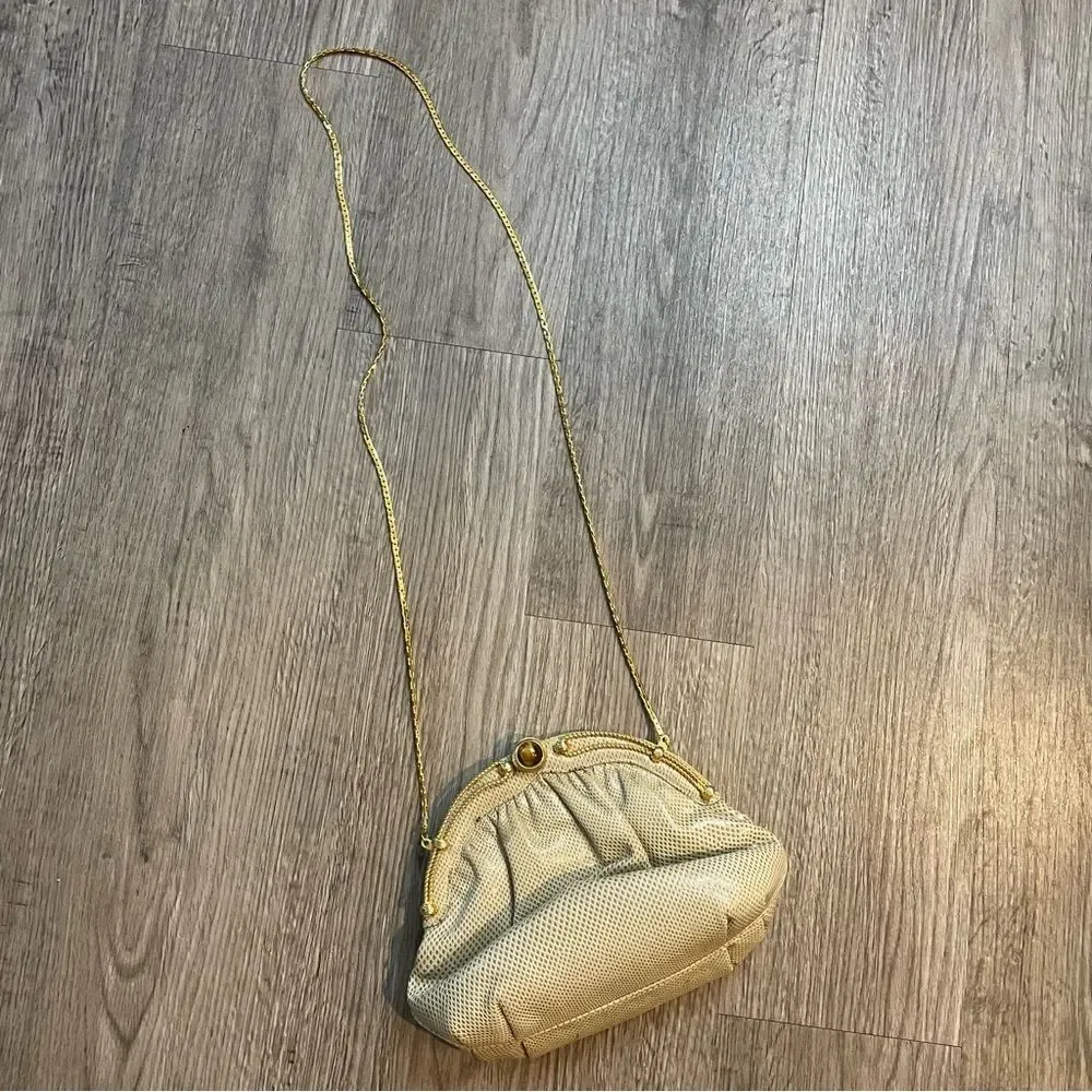 FINESSE LA MODEL Tan Snakeskin Embossed Leather Gold Hardware Clutch